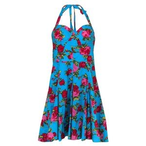 Betsey Johnson | Dresses | Betsey Johnson Blue Pink Floral Print Halter Fit  Flare Dress | Poshmark
